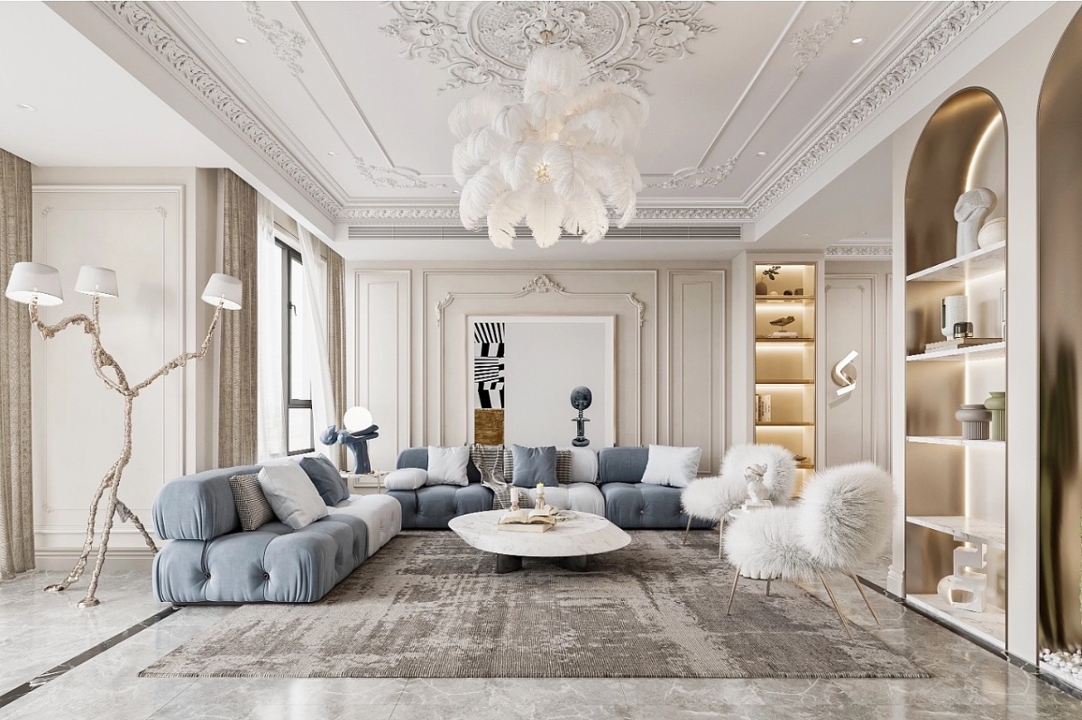 Các đường nét phào chỉ, hoa văn tinh xảo trong phong cách Luxury tân cổ điển.